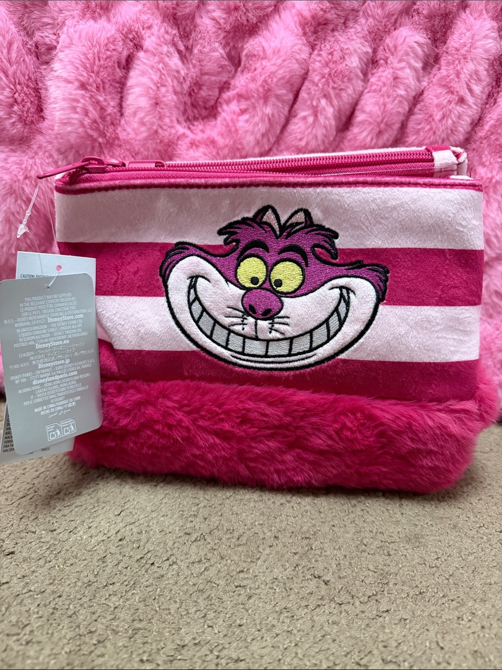 Disney Cheshire Cat Pink Plush Stripe Cosmetic Pouch